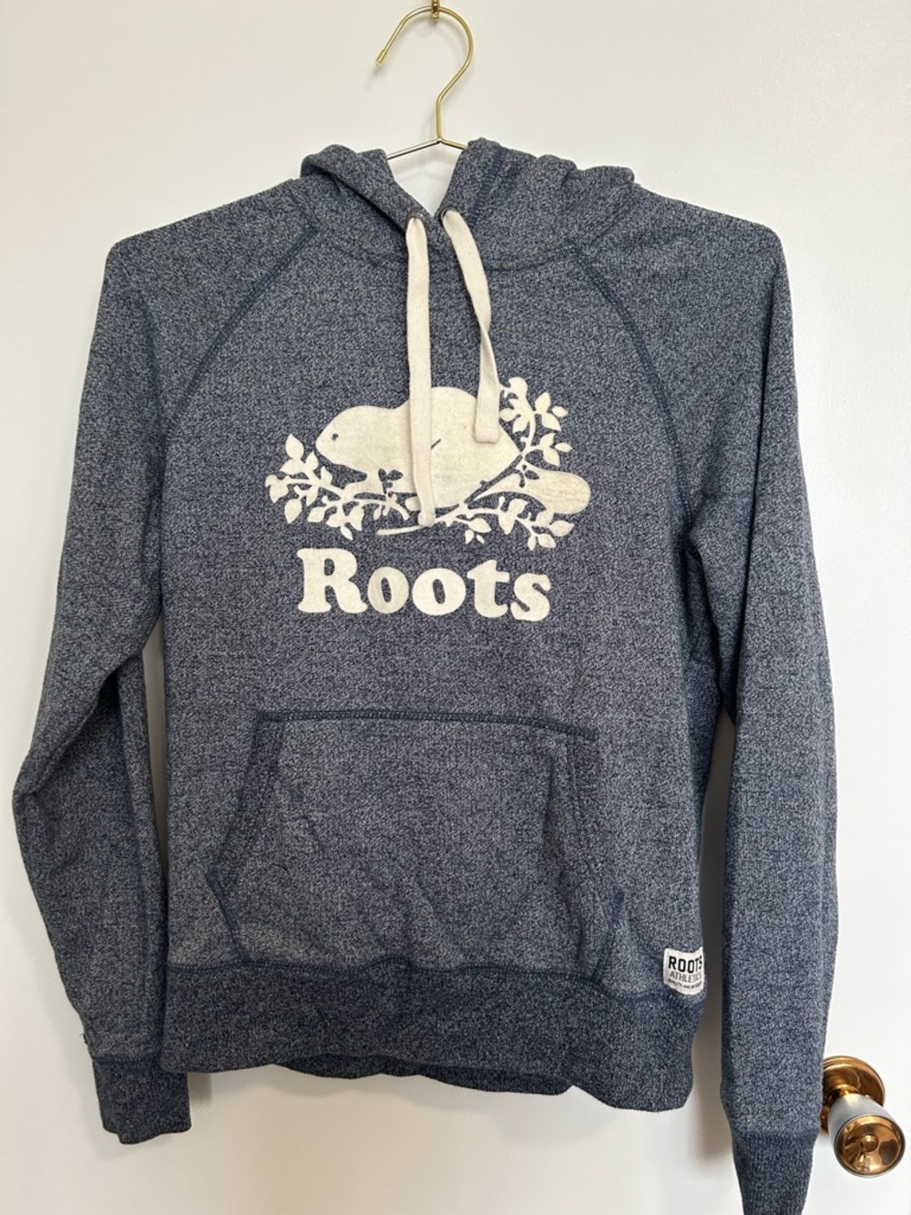 Roots Blue Heather Pullover Hoodie with Cream Drawstrings